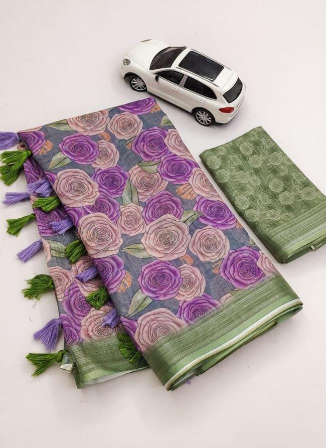 Linen Purple Casual Wear Digital Printed Saree